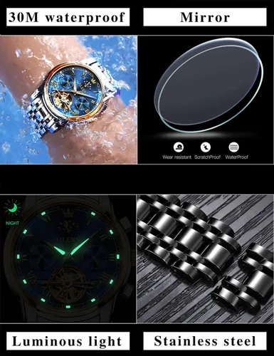 Vista 6 de OLEVS Relojes automáticos de cuerda automática para hombre, fecha y día, calendario, relojes de acero inoxidable, movimiento esquelético