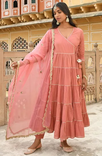 Vista 6 de Janasya Indian - Kurta de algodón rosa embellecido con pantalón y Dupatta para mujer