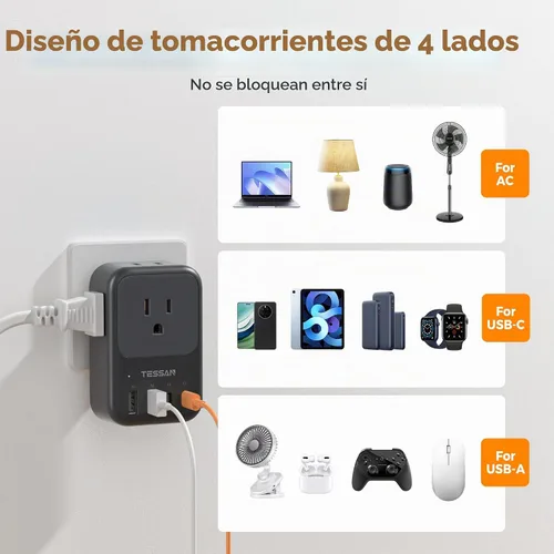 Vista 6 de TESSAN Bloque de cargador USB C 20W PD, adaptador de carga rápida con enchufe plegable Negro