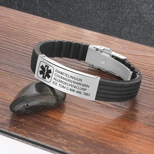 Vista 3 de Pulsera personalizada de silicona, pulsera médica deportiva de identificación de emergencia para hombres, mujeres y niños, grabado gratuito