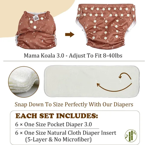 Vista 4 de Mama Koala Pañales de tela 3.0 para bebé con 6 insertos, con 2 paquetes reutilizables para colgar en seco y húmedo