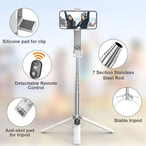 Vista 2 de Trípode para teléfono y palo para selfie, trípode ligero todo en uno con control remoto inalámbrico, soporte de trípode portátil para teléfono