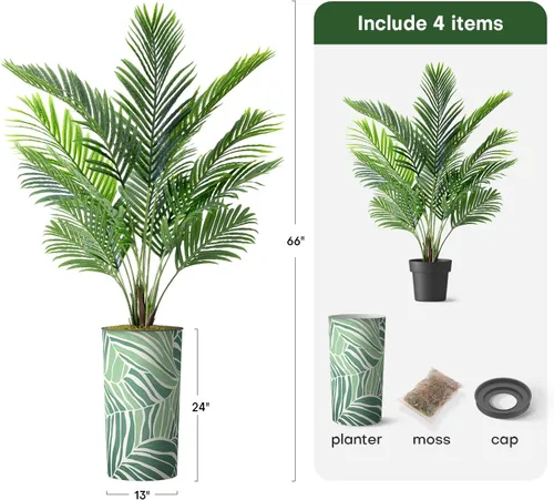 Vista 3 de Árbol artificial en macetero con diseño de hojas verdes, palmera tropical areca artificial de seda para decoración del hogar en interiores