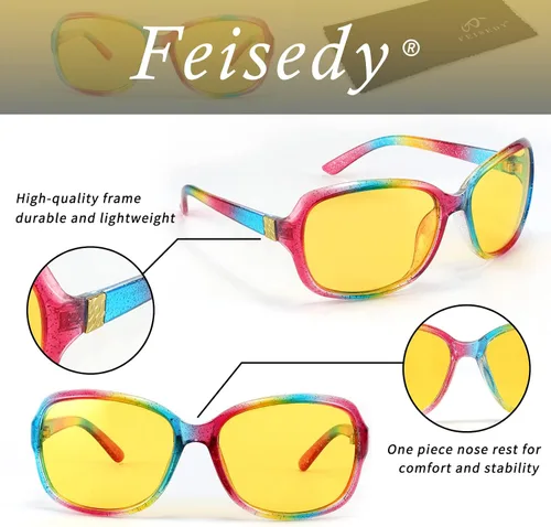 Vista 4 de FEISEDY Gafas de noche clásicas para mujer, antirreflejos, envolventes, amarillas, B2548