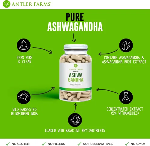Vista 5 de Antler Farms Extracto de raíz de Ashwagandha y raíz de Ashwagandha 100% puro, 130 cápsulas, 1200 mg – Estandarizado al 5% de withanólidos, mejora