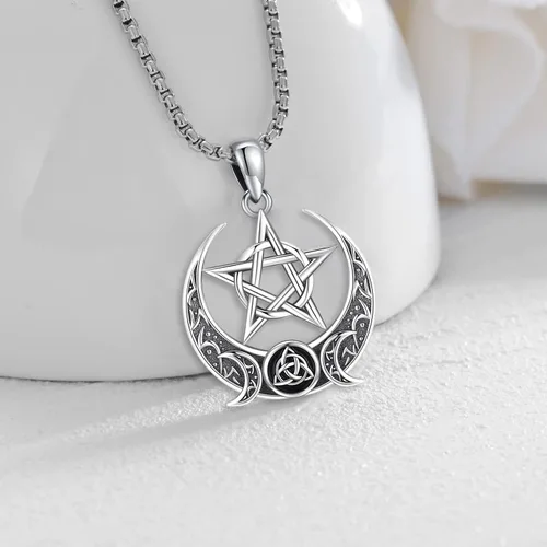Vista 77 de Collar de pentagrama de plata de ley con triple luna, diosa celta, nudo celta, nudo de brujas, Ankh, sol y luna, Hécate, lilith, Santa Muerte