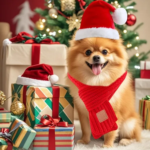 Vista 2 de Juego de gorro y bufanda de Navidad para perros pequeños, cachorros, gatos, 2 piezas de sombrero de Santa ajustable y bufanda de punto, disfraz