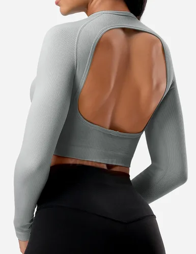 Vista 4 de YEOREO Janelle - Camiseta de manga larga acanalada con espalda abierta para mujer, camiseta deportiva para entrenamiento, yoga, gimnasio