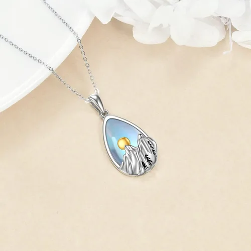 Vista 3 de YFN Collar de plata de ley con dije de onda del océano y cadena de montaña, regalo de joyería para esquiadores, excursionistas, campistas