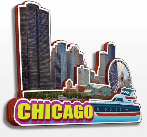 Vista 8 de Imán de madera para nevera de Chicago, Illinois, Estados Unidos, América, colección de madera, 3D, hecho a mano, recuerdos de la ciudad