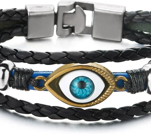 Vista 3 de COOLSTEELANDBEYOND Pulsera de tres filas de cuentas de cuero contra el mal de ojo para hombre y mujer