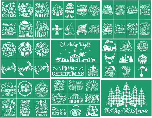 Vista 21 de 17 plantillas de pantalla de seda de Navidad con juego de pasta de tiza, mini espátulas, plantillas adhesivas reutilizables de Navidad