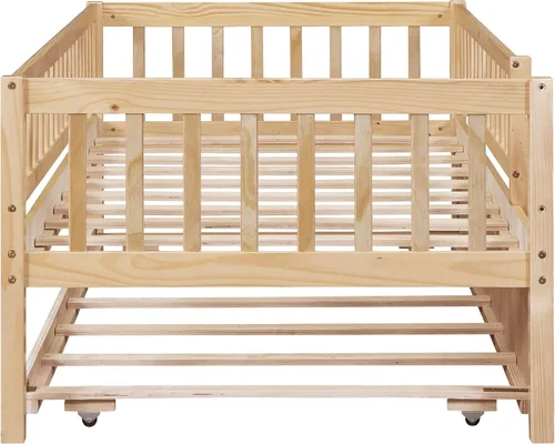 Vista 4 de Sofá cama individual con nido, marco de cama infantil de madera tamaño individual con valla, cama nido individual para niñas, niños, cama de Natural