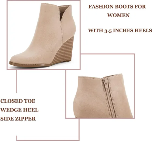 Vista 3 de LAICIGO Botines de cuña con corte en V para mujer, con cremallera, puntera cerrada, tacón apilado, botas de invierno de gamuza sintética