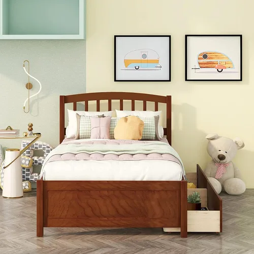 Vista 10 de Base de cama individual de madera maciza para niños con nido y cabecera curvada, base de cama de plataforma de perfil bajo con soporte de listones