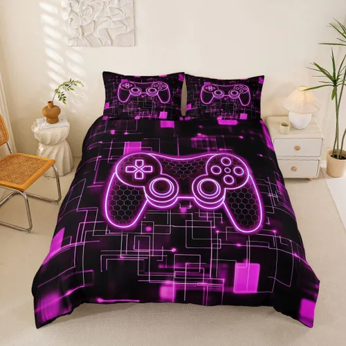Vista 35 de Juego de funda de edredón con diseño de videojuegos para niños, tamaño individual, negro y azul a cuadros, juego de ropa de cama moderna