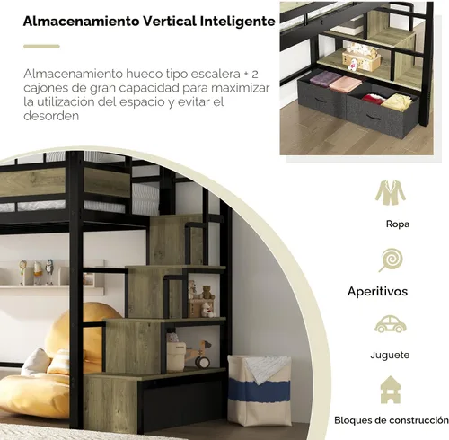 Vista 3 de soges Cama tipo loft con escaleras, cama alta de metal con cajones de almacenamiento, ideal para dormitorios, apartamentos, habitaciones de niños