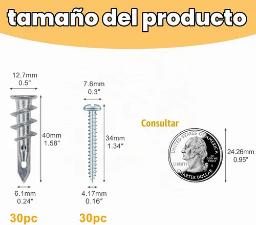 Vista 3 de KURUI Anclajes autoperforantes de zinc para paneles de yeso #8, kit de 60 anclajes y tornillos de pared de metal hueco, 30 anclajes resistentes +