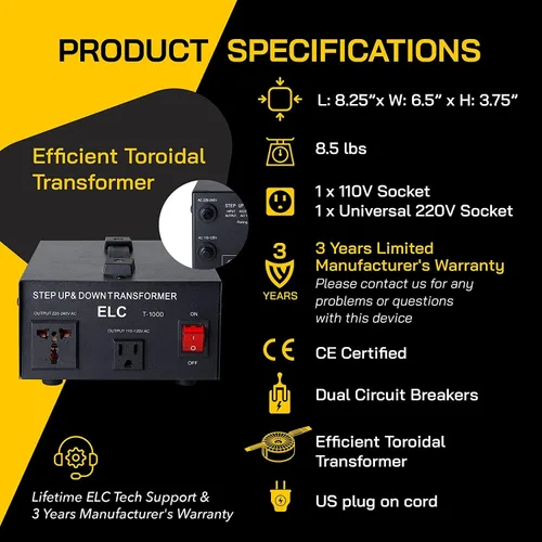 Vista 9 de ELC Serie T Transformador Convertidor de Voltaje de 1000+ Vatios - Paso Arriba/Abajo - 110 V a 220 V / 220 V a 110 V Convertidor de Potencia