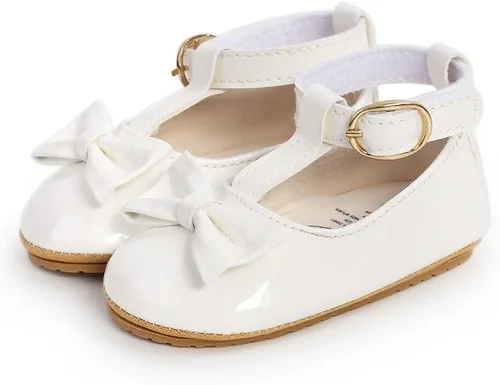 Vista 6 de QWZban Zapatos planos Mary Jane para bebés y niñas con Bownot, suela suave, suela suave, piel sintética, recién nacidos, primeros pasos, para fiesta