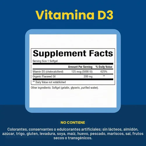 Vista 4 de Natural Factors Vitamina D3 125 mcg, 5,000 UI, 120 cápsulas blandas
