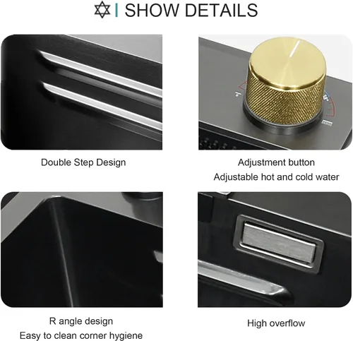 Vista 4 de Fregadero de cocina empotrado o empotrado, color negro, de acero inoxidable 304, Nano Raindance, con lavaplatos y grifo extraíble, fregaderos