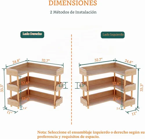Vista 2 de OSCHF Estantería esquinera reversible de 3 niveles, estante en forma de L Roble