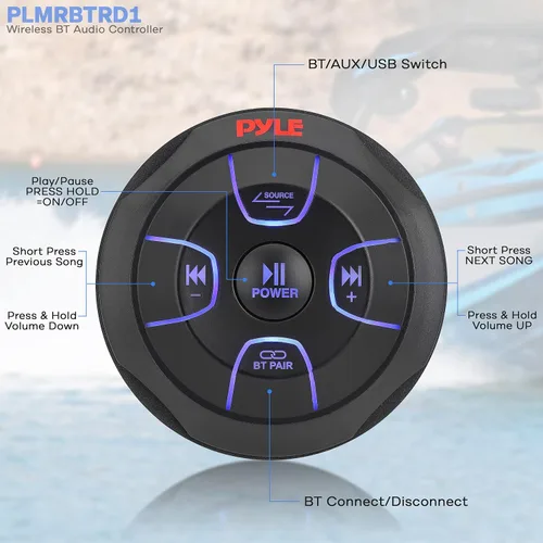 Vista 3 de Pyle Controlador de audio Bluetooth inalámbrico amplificado, receptor resistente al agua, control remoto con USB, AUX - Pyle PLMRBTRD2 y receptor