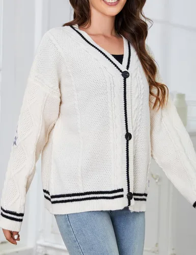 Vista 4 de Rixiland Suéter casual de manga larga con cuello en V para mujer, parte delantera abierta, de punto, estampado de estrellas, con botones