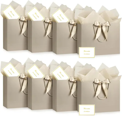 Vista 12 de JMANNI 12 bolsas de regalo de papel de boda con asa, bolsas medianas de regalo de agradecimiento de 13 pulgadas con lazo de cinta, regalos