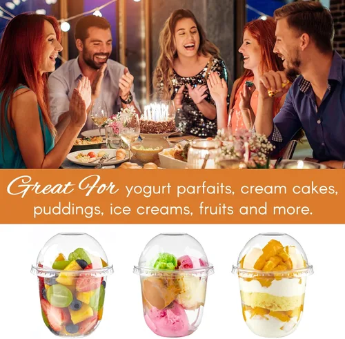 Vista 4 de Zezzxu Paquete de 50 Vasos de Postre de Plástico de 9 oz con Tapas de Cúpula (Sin Agujero) y Sporks, Vasos de Frutas Desechables Transparentes