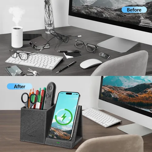 Vista 2 de TopMade Cargador inalámbrico con soporte para lápiz para bolígrafo, organizador de mesita de noche de escritorio multifuncional de cuero, estación