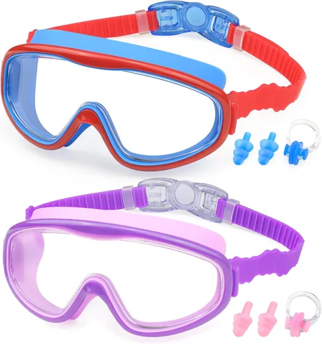Vista 12 de KAILIMENG Gafas de natación para niños, paquete de 2 gafas de natación para edades de 3 a 15 años, antivaho y anti-rayos UV Cear de visión amplia