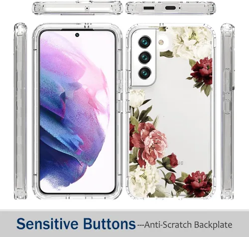 Vista 5 de Funda para Galaxy S22, SM-S901U con protector de pantalla de vidrio templado, carcasa rígida de protección de diseño floral de cuerpo completo + TPU