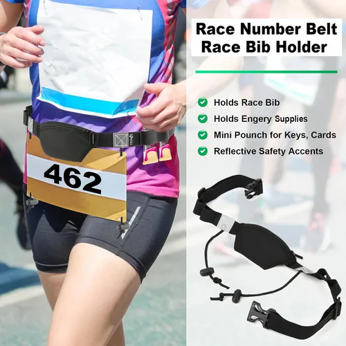 Vista 7 de Cosmos Cinturón de número de carrera, cinturón elástico para número de carrera, para maratón, triatlón, correr, con mini bolsa y 4 bucles