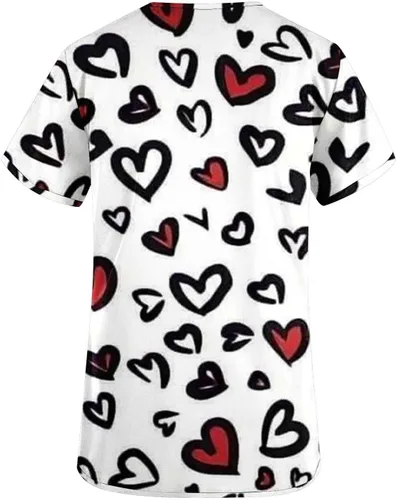 Vista 4 de Camisetas de uniforme de trabajo con cuello en V y estampado de amor para el día de San Valentín para mujer, blusas con bolsillos