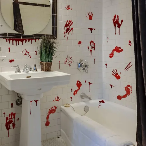 Vista 7 de Calcomanías de pared de huellas de manos sangrientas de Halloween, calcomanías de pared para decoración de fiesta de Halloween, decoración