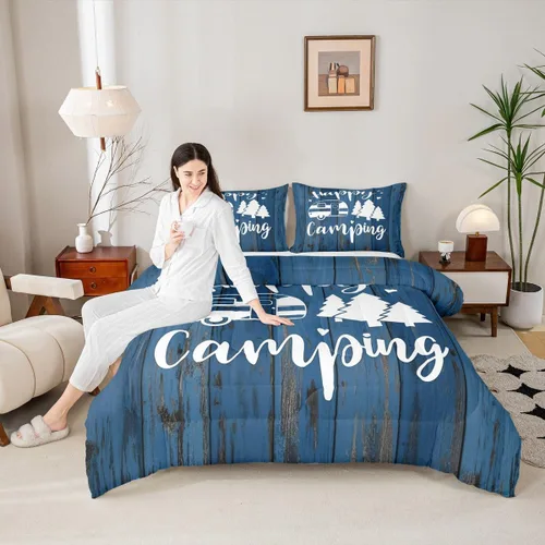 Vista 13 de Juego de ropa de cama con temática de cámper, juego de edredón de cabaña de madera marrón y verde, tamaño matrimonial, 3 piezas, decoración de Multi
