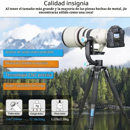 Vista 2 de ARTCISE Trípode de fibra de carbono AS88C con cuenco de 2.953 in y adaptador, trípode para cámara resistente, 10 capas, tubo de pierna de 1.417 in