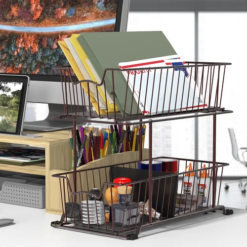 Vista 5 de Simple Houseware - Organizador de cajones con cestas de alambre de gabinete de 2 niveles, marrón