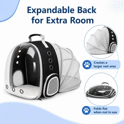 Vista 3 de Mochila expandible para gatos y perros, mochila de viaje para mascotas con ventana de burbujas con malla transpirable, estructura anticolapso, Negro