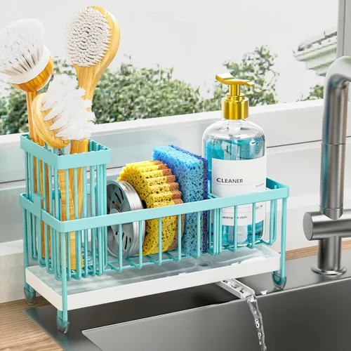 Vista 28 de Cisily Soporte de esponja negro extra grande para fregadero de cocina, organizador de fregadero con soporte alto para cepillos, organizadores
