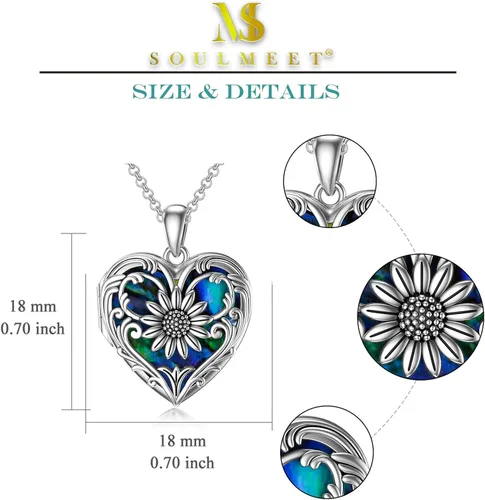 Vista 5 de SOULMEET - Collar con relicario en forma de corazón con girasol, donde se pueden guardar fotografías de personas para tenerlas cerca de ti, joyería