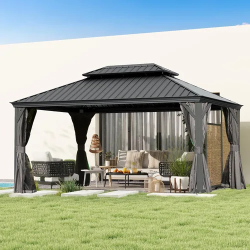 Vista 40 de Domi - Cenador de techo rígido de 8 x 8 pies con malla y cortinas, cenador para exteriores con techo doble de acero galvanizado para patio, césped