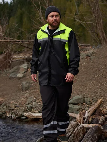 Vista 3 de Traje de lluvia para hombre, de alta visibilidad, reflectante, para trabajo, chaqueta de lluvia, pantalones para todos los deportes, granja, pesca