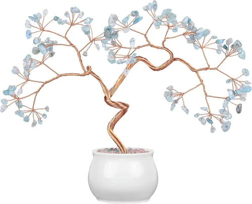 Vista 7 de Rockcloud Árbol de dinero de cristal curativo de aguamarina de 6.5 pulgadas, bonsái Fengshui con base de cerámica para buena suerte, riqueza