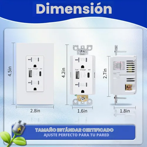 Vista 5 de 3GRACE Toma de corriente USB de pared, receptáculos de tomas de cargador con puertos USB C de 4.2 A, enchufe dúplex de 20 amperios resistente a