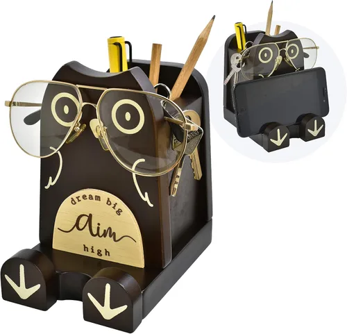 Vista 16 de I'm - Soporte multiusos de madera para lentes, teléfono, pluma y lápiz, accesorios de escritorio, decoración de escritorio, hogar, oficina Oso