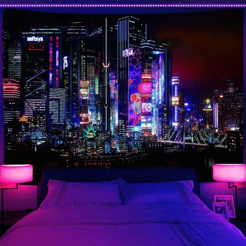 Vista 8 de Ine Ive Tapiz punk urbano retro de arquitectura de neón, decoración de pared, diseño urbano, decoración de pared, diseño de franela, tamaño grande