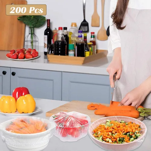Vista 4 de AKOAK Bolsas desechables para almacenamiento de alimentos (aproximadamente 200), película adhesiva, reutilizables, tapa elástica de plástico